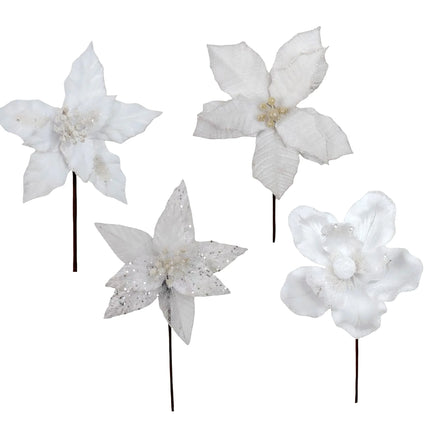 Bulk 36 Xmas White Poinsettia Pick d14-20x20cm 4 Asst