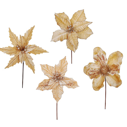 Bulk 36 Xmas Champagne Poinsettia Pick d14-23x20cm 4 Asst