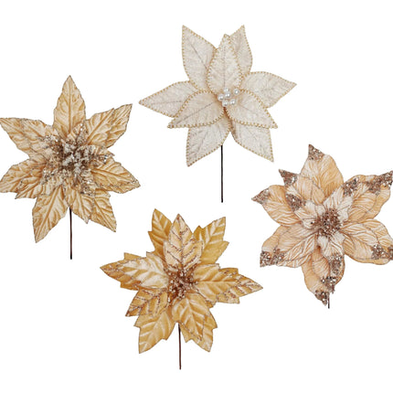 Bulk 36 Xmas Champagne Poinsettia Pick d27-30x30cm 4 Asst
