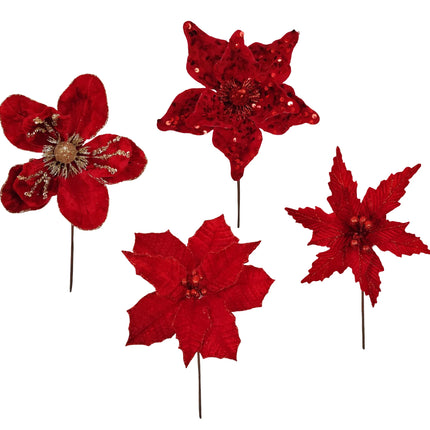 Bulk 36 Xmas Red Poinsettia Pick d14-23x20cm 4 Asst