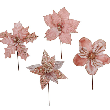 Bulk 36 Xmas Pink Poinsettia Pick d14-20x20cm 4 Asst
