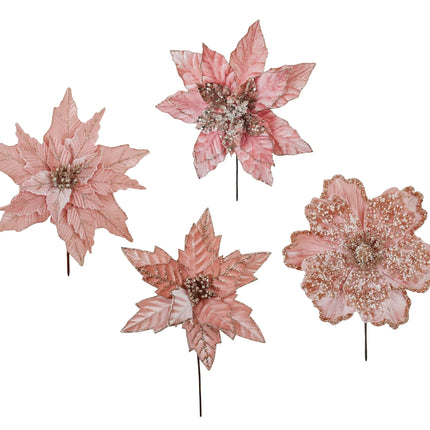 Bulk 36 Xmas Pink Poinsettia Pick d14-20x30cm 4 Asst