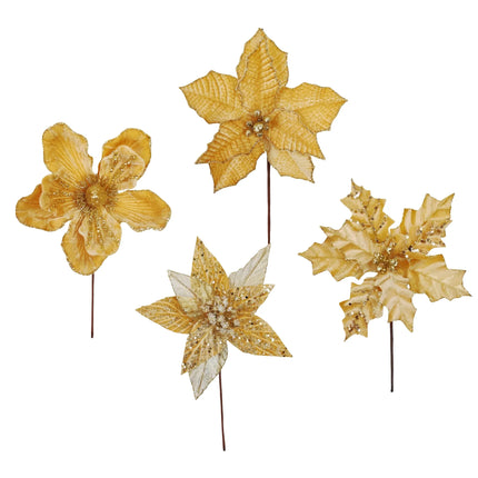 Bulk 36 Xmas Gold Poinsettia Pick d14-20x20cm 4 Asst