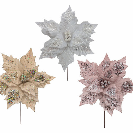 Bulk 24 Xmas Velvet Glitter Poinsettia 30x30cm 3 Asst