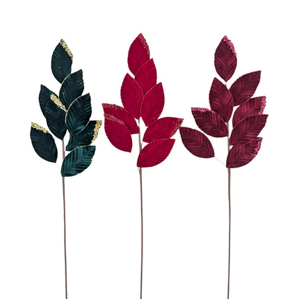Bulk 24 Xmas Velvet Leaf Pick 71cm 3 Asst