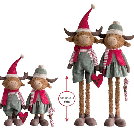 Bulk 2 Xmas Highland Cow W Extendable Legs 31x27x148cm 2 Asst