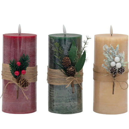 Bulk 12 Led Xmas Rustic Pillar Candle 9x20cm 3 Asst