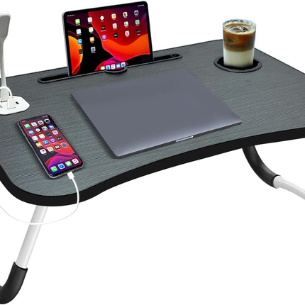 NNECN Laptop Desk Bed Table Tray Folding Breakfast Table Portable Lap Standing Desk Notebook Stand Reading Holder for Bed/Sofa Large Lap Desk with USB-Charger and Cup-Holder