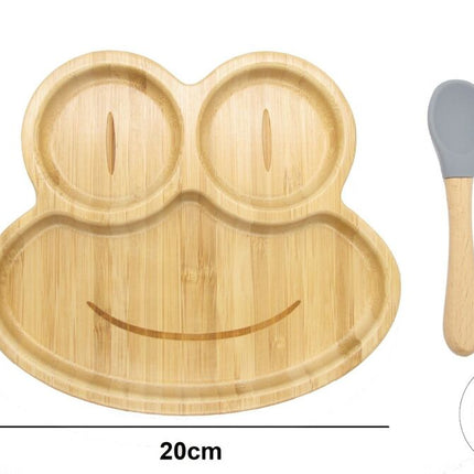 Bamboo Kids Children Baby Plate Bowl & Silicon Suction Cap Base & Spoon - Frog