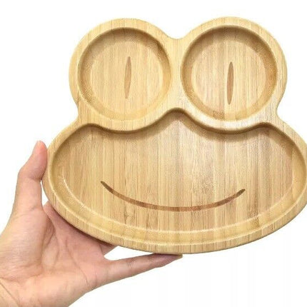 Bamboo Kids Children Baby Plate Bowl & Silicon Suction Cap Base & Spoon - Frog