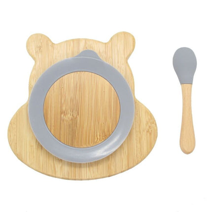 Bamboo Kids Children Baby Plate Bowl & Silicon Suction Cap Base & Spoon - Hippo