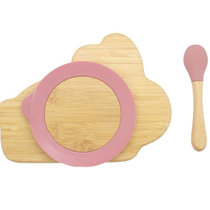 Bamboo Kids Children Baby Plate Bowl & Silicon Suction Cap Base & Spoon - Rabbit