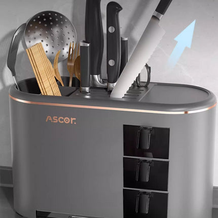 Grey All-in-One Kitchen Knife and Utensil Holder - Multi-Functional Organizer with Storage Drawers