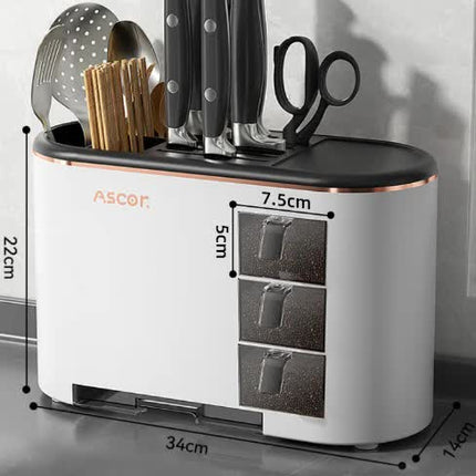 Black All-in-One Kitchen Knife and Utensil Holder - Multi-Functional Organizer with Storage Drawers