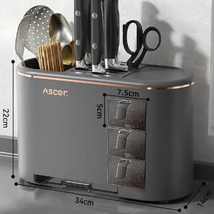 White All-in-One Kitchen Knife and Utensil Holder - Multi-Functional Organizer with Storage Drawers