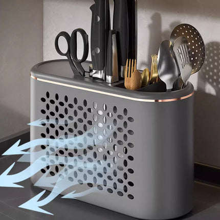 White All-in-One Kitchen Knife and Utensil Holder - Multi-Functional Organizer with Storage Drawers