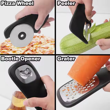 Stackable Kitchen Tool Set - Multi-Function Grater, Herb Cutter, Garlic Press, Can Opener, Cheese Grater, Pizza Cutter & Spice Set