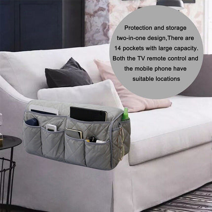 2 Pcs Blue Quilted Sofa Armrest Organizer Caddy - Multi-Pocket Remote Control Holder Bag