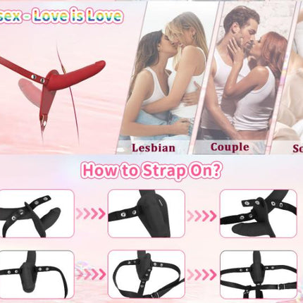 Red Versatile Unisex Dual-Ended Silicone Strap-On Dildo with Adjustable Leather Harness for Couples & Solo Play