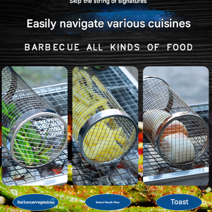 Silver 2-Piece Rolling Stainless Steel BBQ Grill Basket Set (Small & Large) - 304 Food-Grade Grilling Cages with Hooks