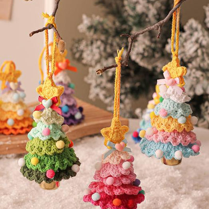 2 Pcs Style B Yellow and Purple Handmade Crochet Christmas Tree Ornament - Festive Hanging Decoration with Jingle Bell