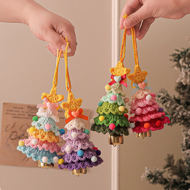 2 Pcs Style D Colorful Handmade Crochet Christmas Tree Ornament - Festive Hanging Decoration with Jingle Bell