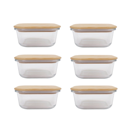 6 Pcs Medium Bamboo Food Containers – Clear Glass with Bamboo Lids