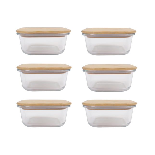 6 Pcs Medium Bamboo Food Containers – Clear Glass with Bamboo Lids