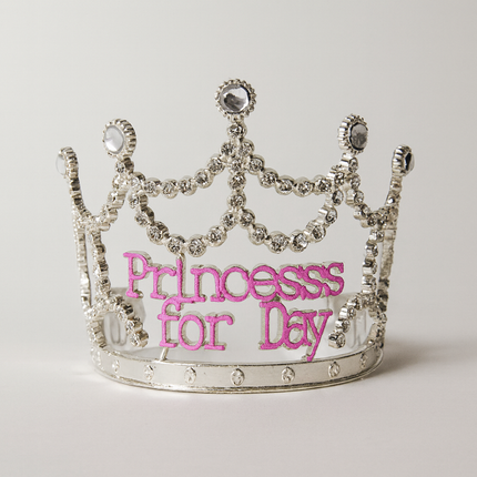Princess for the Day Tiara – Silver Rhinestone Crown with Pink Lettering - Silver