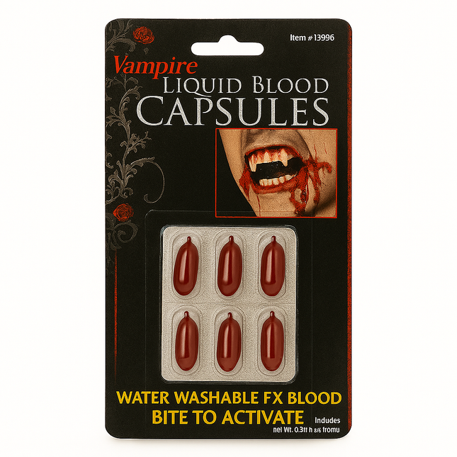Vampire Liquid Blood Capsules – Halloween Costume FX, Water Washable, 6-Pack