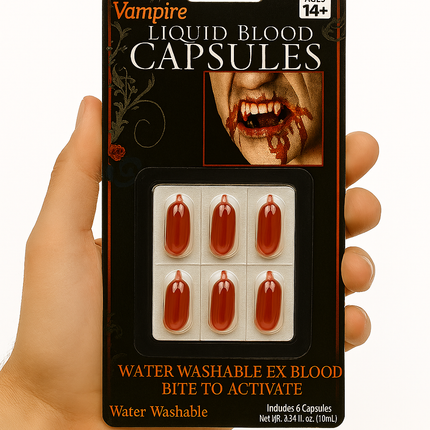 Vampire Liquid Blood Capsules – Halloween Costume FX, Water Washable, 6-Pack