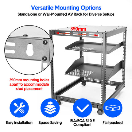 Alston 12U Open Frame Server Rack Hifi Device Rack with Vented Shelves Heavy Duty 4-Post AV/IT Network Rack Free Standing with Lockable Casters
