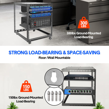 Alston 12U Open Frame Server Rack Hifi Device Rack with Vented Shelves Heavy Duty 4-Post AV/IT Network Rack Free Standing with Lockable Casters