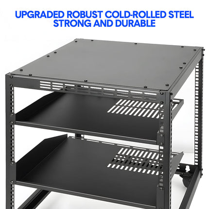 Alston 12U Open Frame Server Rack Hifi Device Rack with Vented Shelves Heavy Duty 4-Post AV/IT Network Rack Free Standing with Lockable Casters