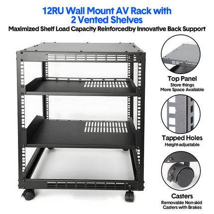 Alston 12U Open Frame Server Rack Hifi Device Rack with Vented Shelves Heavy Duty 4-Post AV/IT Network Rack Free Standing with Lockable Casters