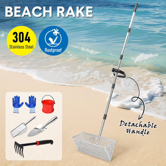 Beach Rake Stainless Steel Sand Flea Rake 140cm Long Detachable Handle and Shark Tooth Wide Sifter for Easy Sand Flea Removal with Bonus Basket and Tools