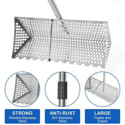 Beach Rake Stainless Steel Sand Flea Rake 140cm Long Detachable Handle and Shark Tooth Wide Sifter for Easy Sand Flea Removal with Bonus Basket and Tools