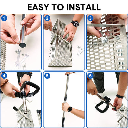 Beach Rake Stainless Steel Sand Flea Rake 140cm Long Detachable Handle and Shark Tooth Wide Sifter for Easy Sand Flea Removal with Bonus Basket and Tools