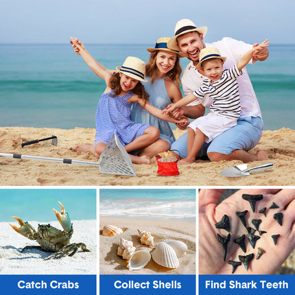 Beach Rake Stainless Steel Sand Flea Rake 140cm Long Detachable Handle and Shark Tooth Wide Sifter for Easy Sand Flea Removal with Bonus Basket and Tools