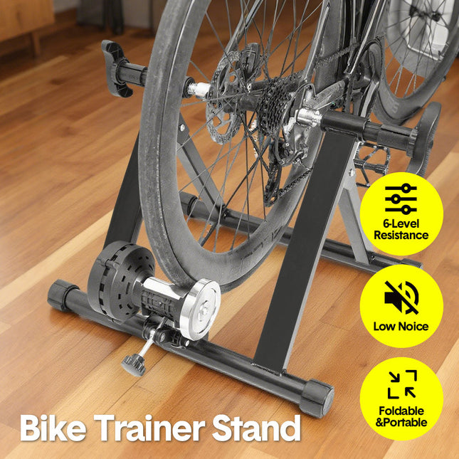 Portable Indoor Exercise Bike Trainer Stand Stationary Bicycle Training Stand Magnetic 6 Level Resistance For Indoor Riding with Noise Reduction Wheel