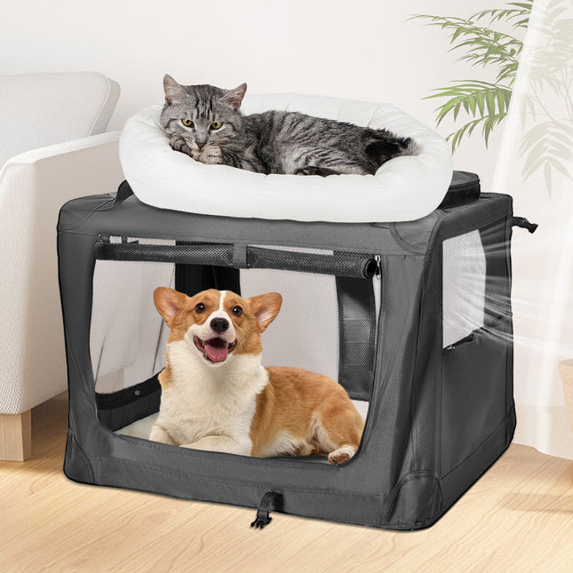 Foldable Dog Carrier Large Pet Travel Bag Portable and Breathable Car Travel Transport Kennel 72x52x52cm Load Up to 27kg with Steel Frame and Pocket Black