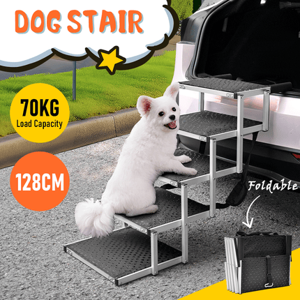Folding Dog Stair Lightweight Aluminium Dog Ramp Adjustable Height 5 Steps Pet Ladder Loads up to 70Kg with Non-Slip Surface for Cars Trunk SUV Trucks