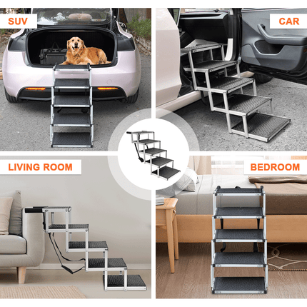 Folding Dog Stair Lightweight Aluminium Dog Ramp Adjustable Height 5 Steps Pet Ladder Loads up to 70Kg with Non-Slip Surface for Cars Trunk SUV Trucks