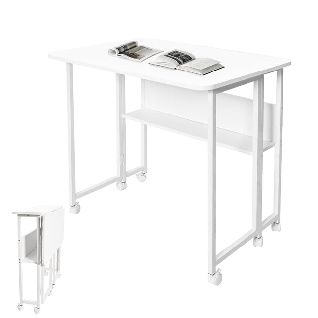Compat Foldable Desk Rolling Study Desk Small Computer Desk with Wheels and Storage Shelf for Small Spaces Study Home Office Dorm Easy Assembly White