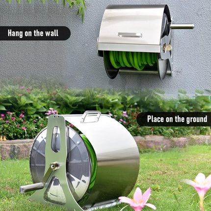 Large Stainless Steel Garden Hose Reel Cart Portable Pipe Holder With Rainproof Sunscreen Protection Lid and Crank Handle