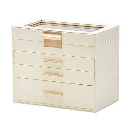 4 Layer Jewelry Box PU Leather Jewellery Organizer Multi-functional Storage Case with Clear Glass Lid and 3 Drawers for Necklaces Rings Earrings Watches