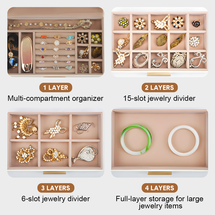 4 Layer Jewelry Box PU Leather Jewellery Organizer Multi-functional Storage Case with Clear Glass Lid and 3 Drawers for Necklaces Rings Earrings Watches
