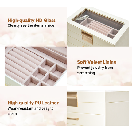 4 Layer Jewelry Box PU Leather Jewellery Organizer Multi-functional Storage Case with Clear Glass Lid and 3 Drawers for Necklaces Rings Earrings Watches