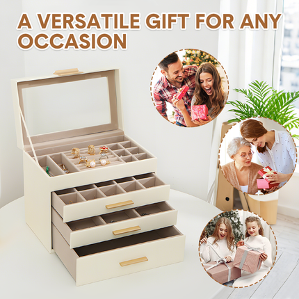 4 Layer Jewelry Box PU Leather Jewellery Organizer Multi-functional Storage Case with Clear Glass Lid and 3 Drawers for Necklaces Rings Earrings Watches