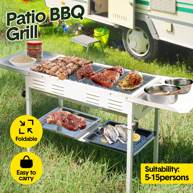 Portable Large Barbecue Charcoal Grill Stove Foldable Kebab Stainless Steel BBQ Grill With 2 Grill Nets 2 Enamel Baking Pans And Tong Outdoor Camping Patio